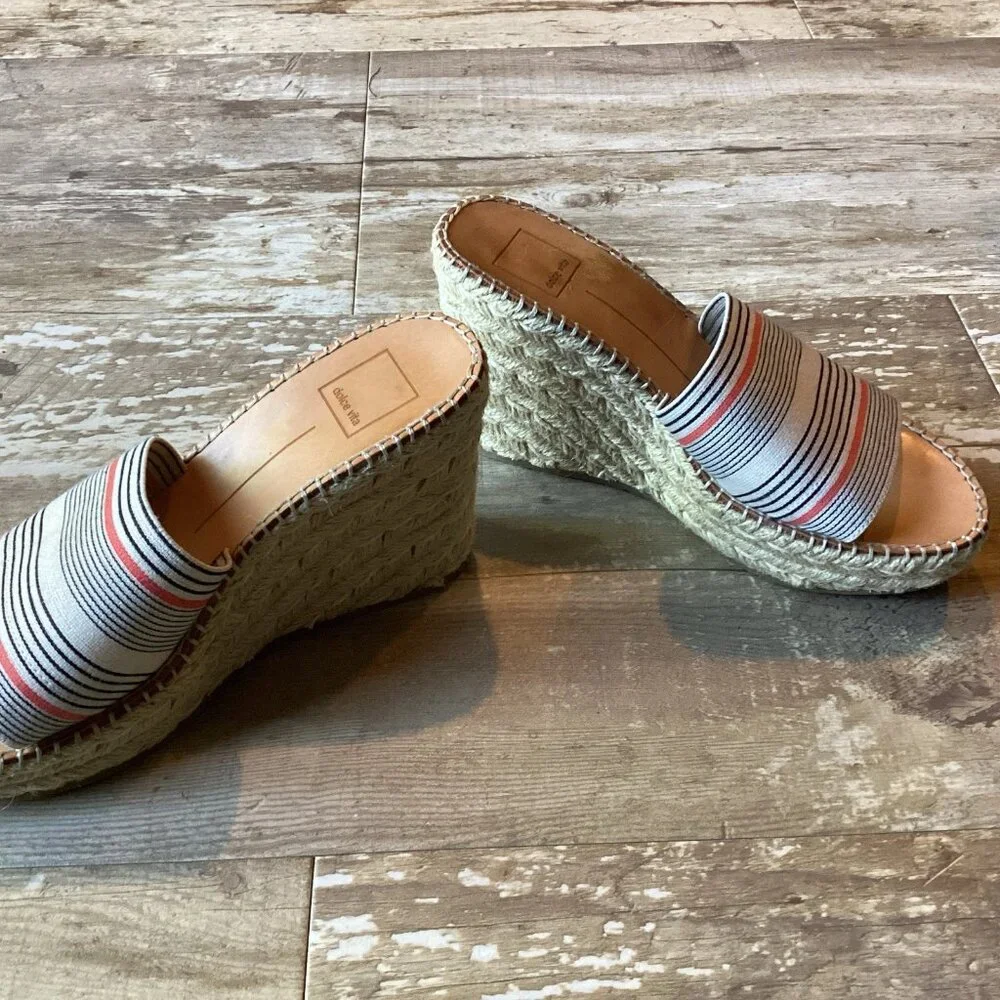 Dolce Vita Striped Canvas Espadrille Wedge Slides in Cream, Black & Coral